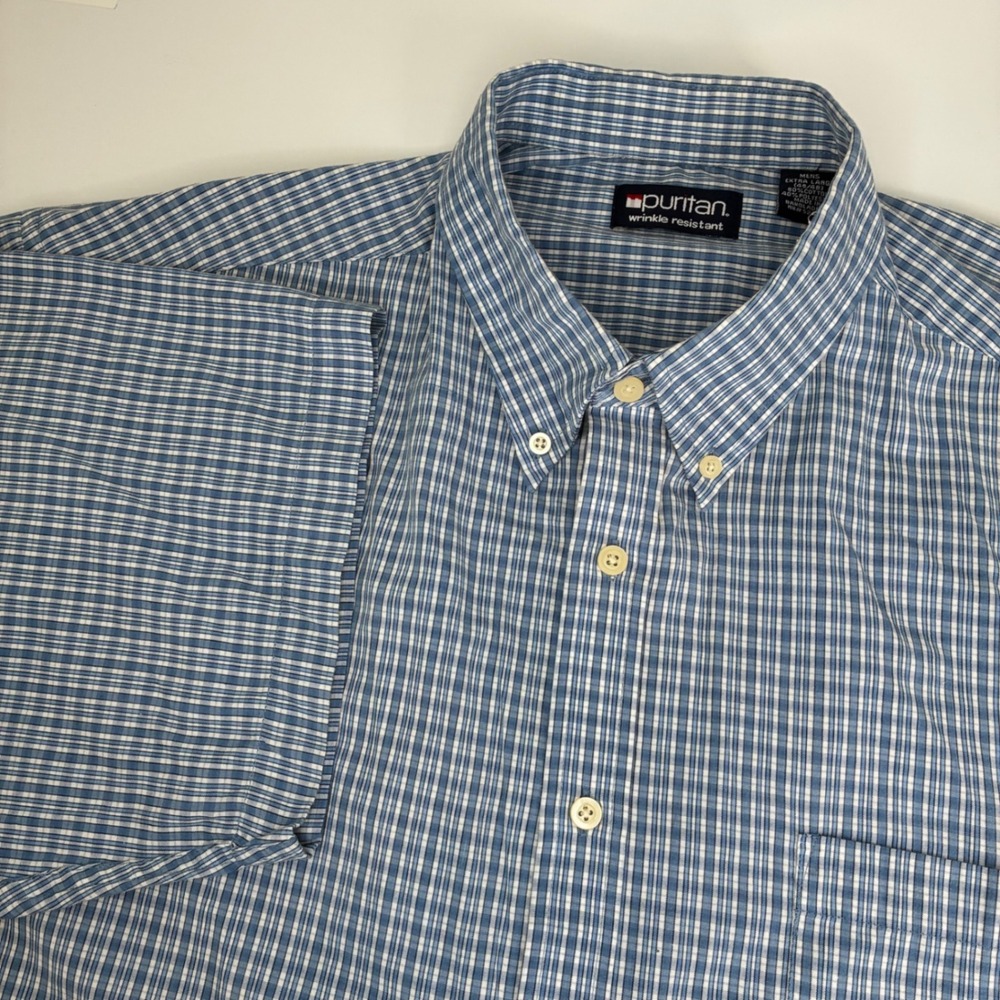 Puritan Mens Blue White Plaid Short Sleeve Button Down Shirt XL Wrinkle Free